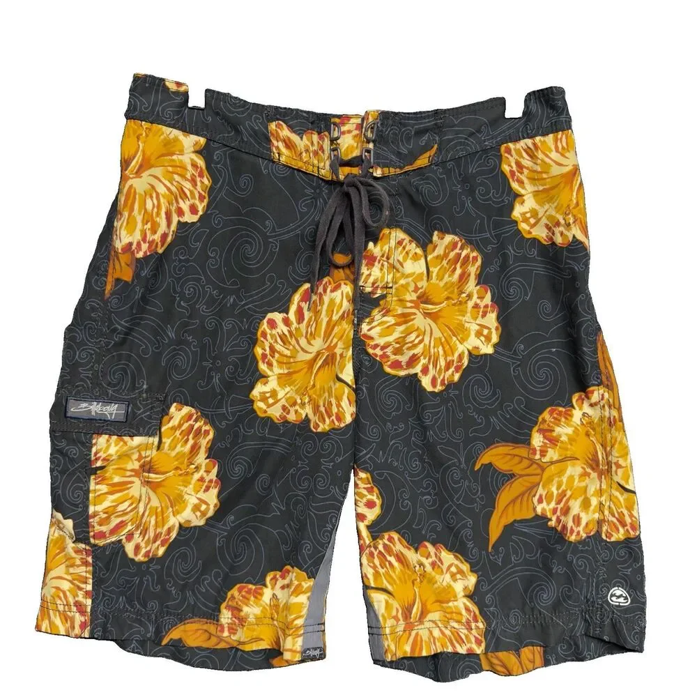 VTG Billabong Board Shorts Mens 34 Floral Hibiscus Swim Trunks 2000s Surf Y2K